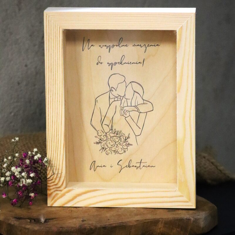 Personalizowana drewniana skarbonka z życzeniami na Ślub