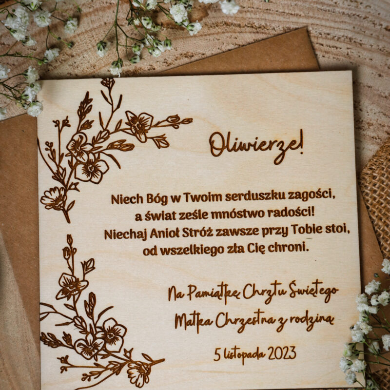 Drewniana kartka na Chrzest Święty
