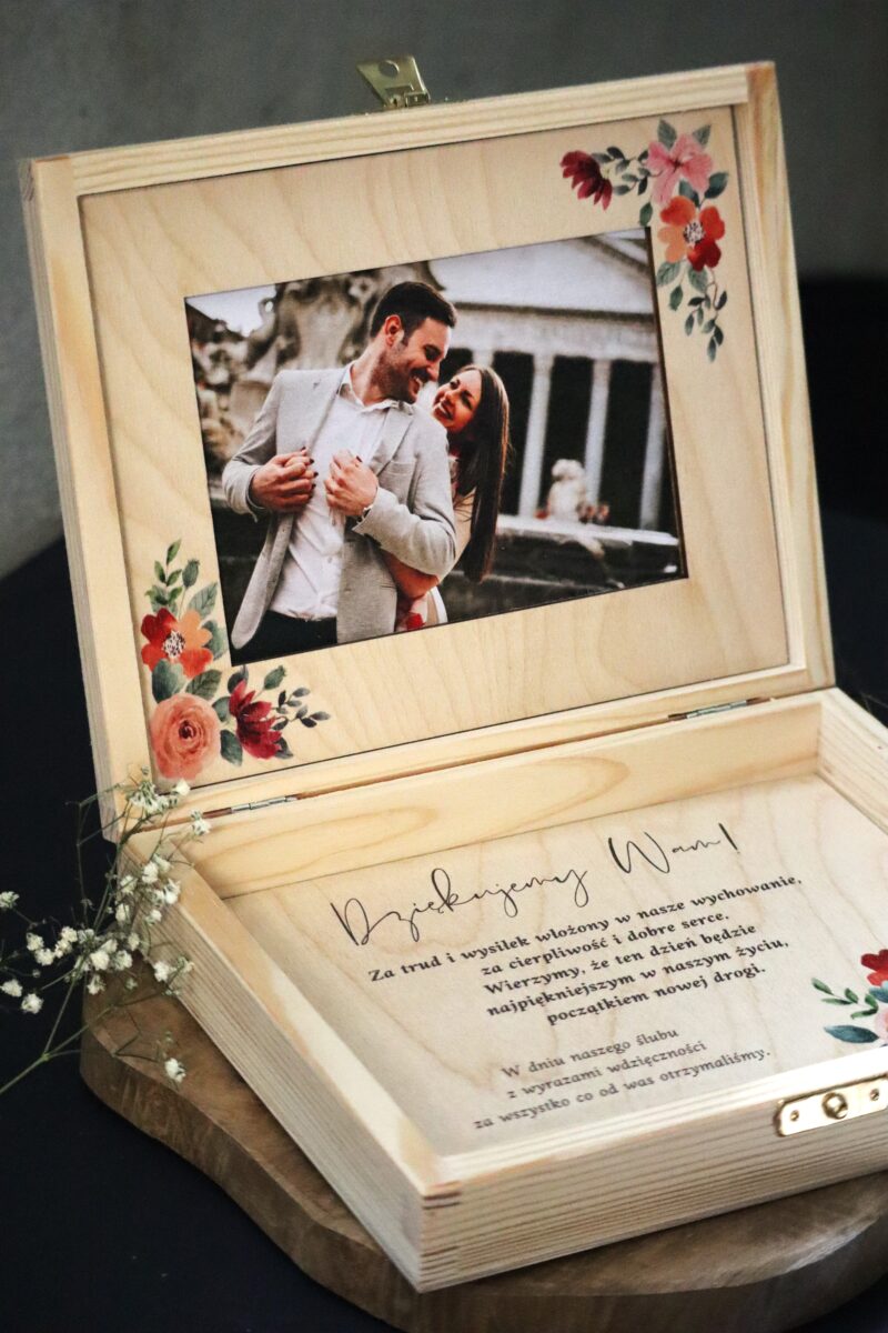 Podziękowania ślubne w formie pudełka ze zdjęciem