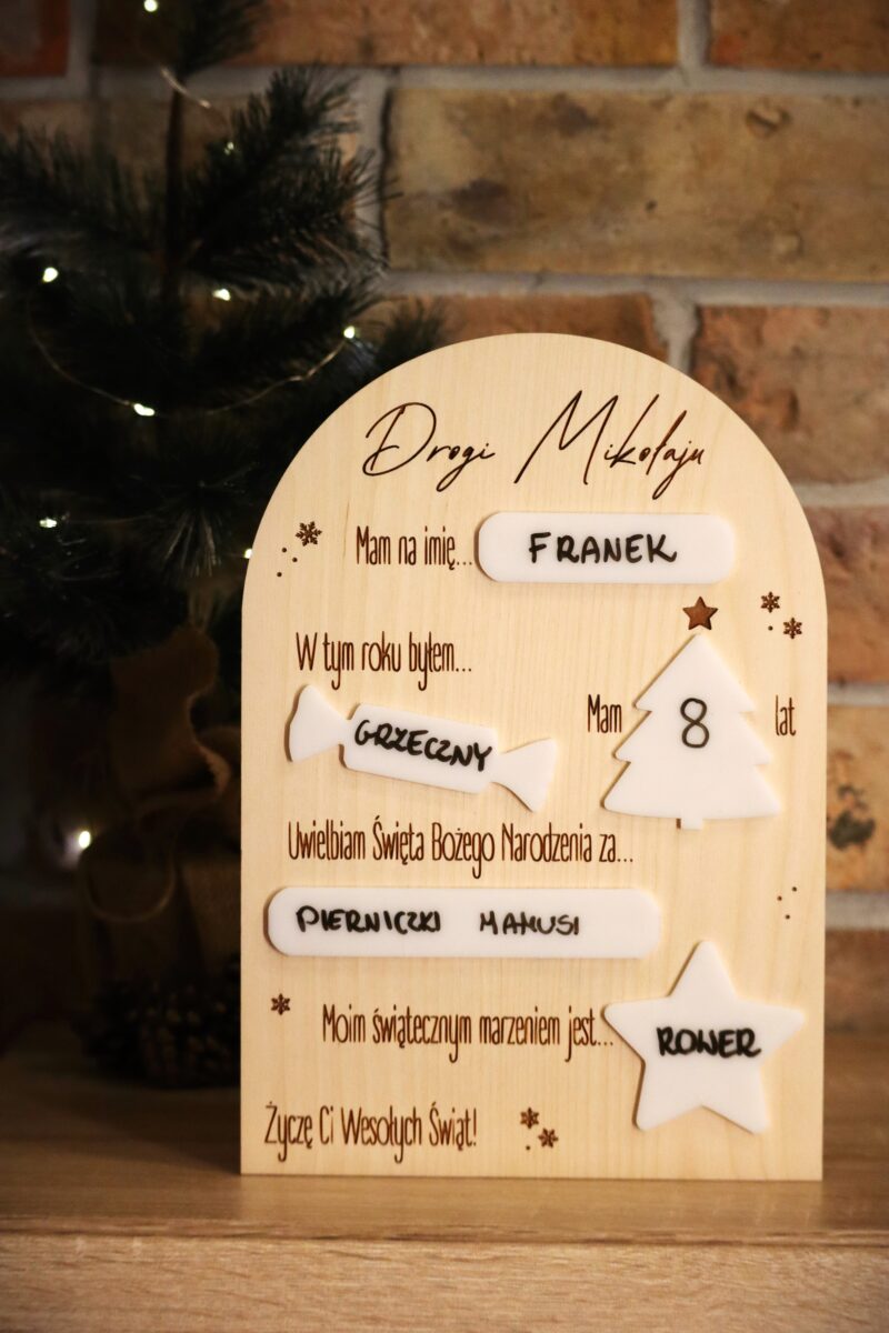 List do Świętego Mikołaja w formie tabliczki do uzupełniania