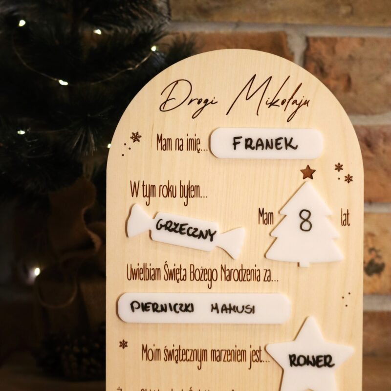 List do Świętego Mikołaja w formie tabliczki do uzupełniania