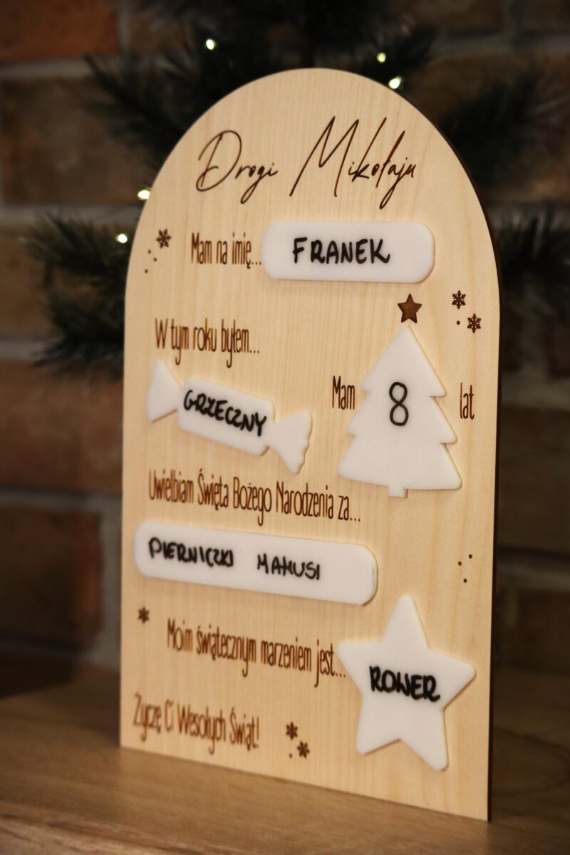 List do Świętego Mikołaja w formie tabliczki do uzupełniania