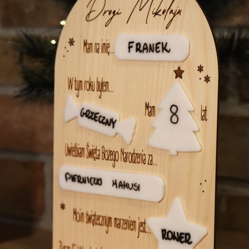 List do Świętego Mikołaja w formie tabliczki do uzupełniania