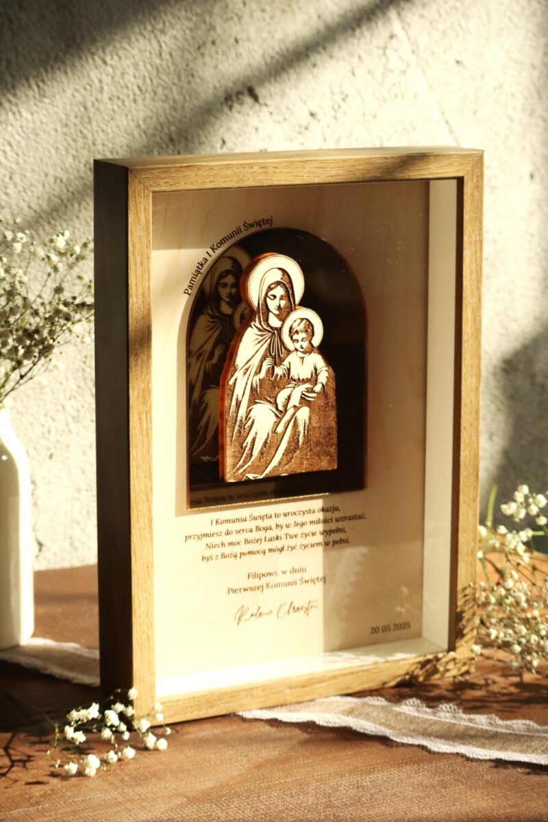 Pamiątka I Komunii Świętej Ramka 3D z ikoną Matki Boskiej