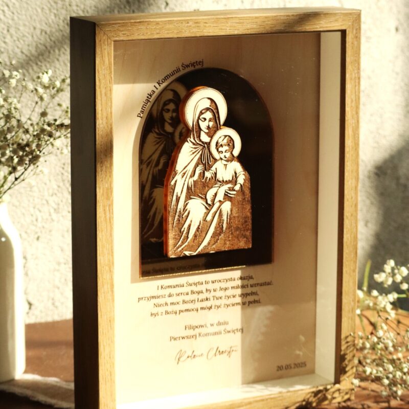 Pamiątka I Komunii Świętej Ramka 3D z ikoną Matki Boskiej