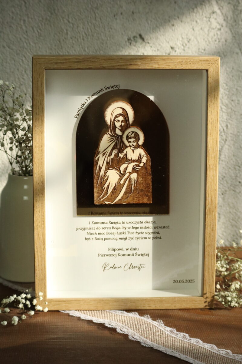 Pamiątka I Komunii Świętej Ramka 3D z ikoną Matki Boskiej