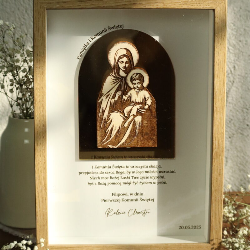 Pamiątka I Komunii Świętej Ramka 3D z ikoną Matki Boskiej