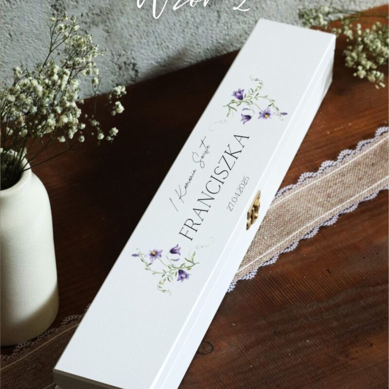 Białe pudełko na świecę komunijną lub gotowy zestaw ze świecą