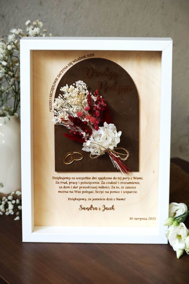 Podziękowania ślubne w formie ramki z suszonymi kwiatami