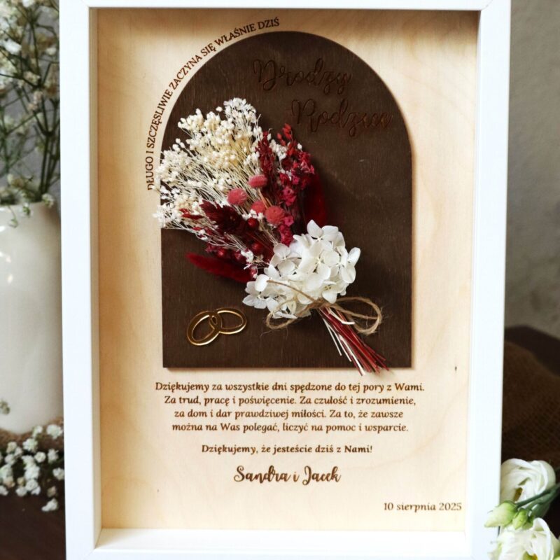 Podziękowania ślubne w formie ramki z suszonymi kwiatami