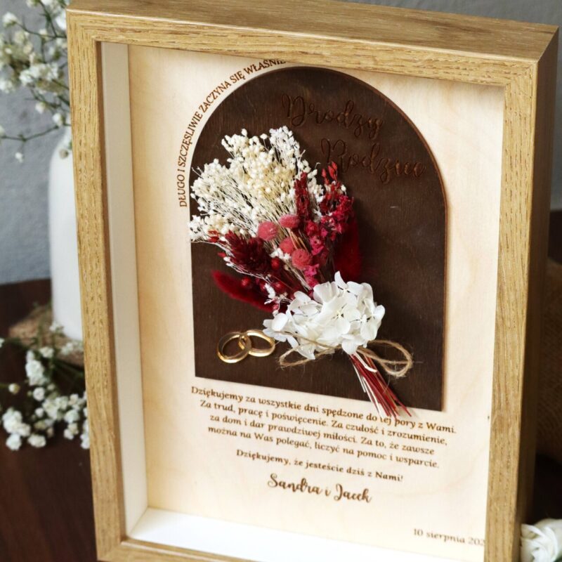 Podziękowania ślubne w formie ramki z suszonymi kwiatami