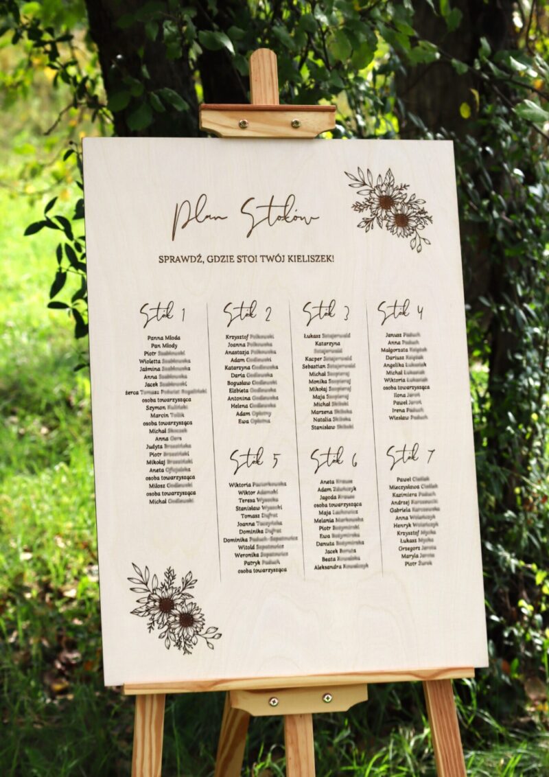 Plan stołów grawerowany Słoneczniki