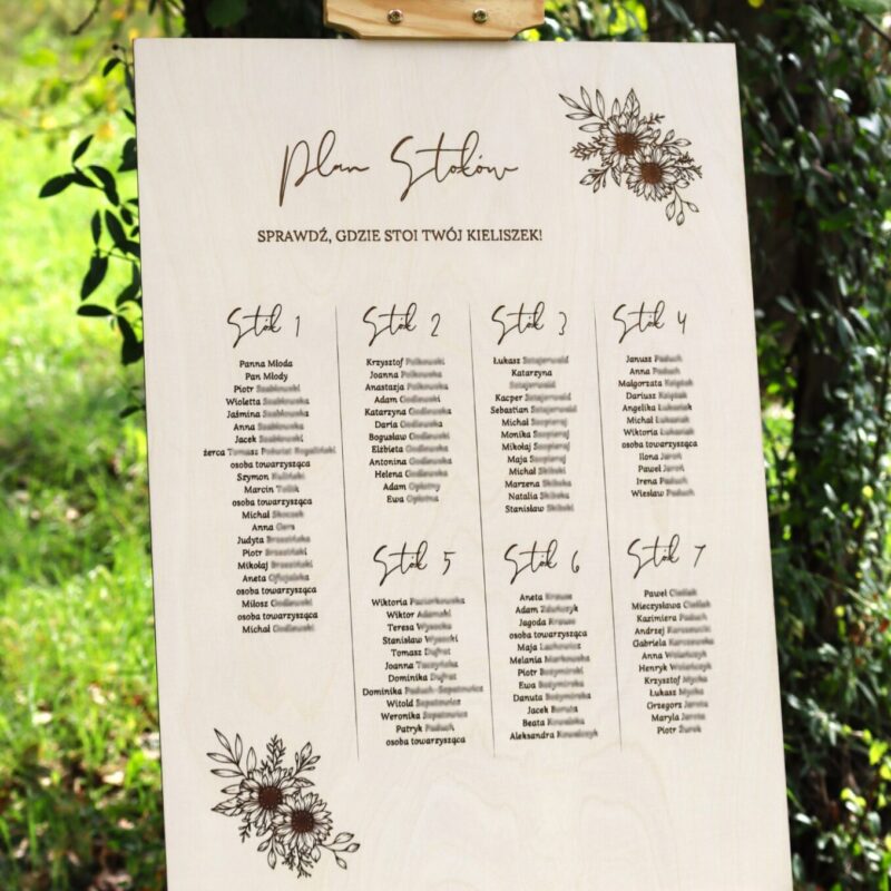 Plan stołów grawerowany Słoneczniki