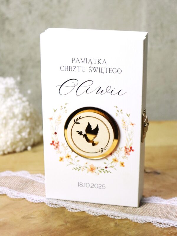 Białe pudełko na banknoty na Chrzest Święty Polne kwiaty