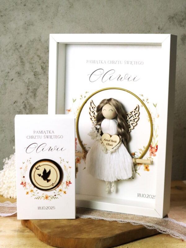 Zestaw na Chrzest lub Komunię z ramką z aniołkiem i pudełkiem na banknoty Dziewczynka