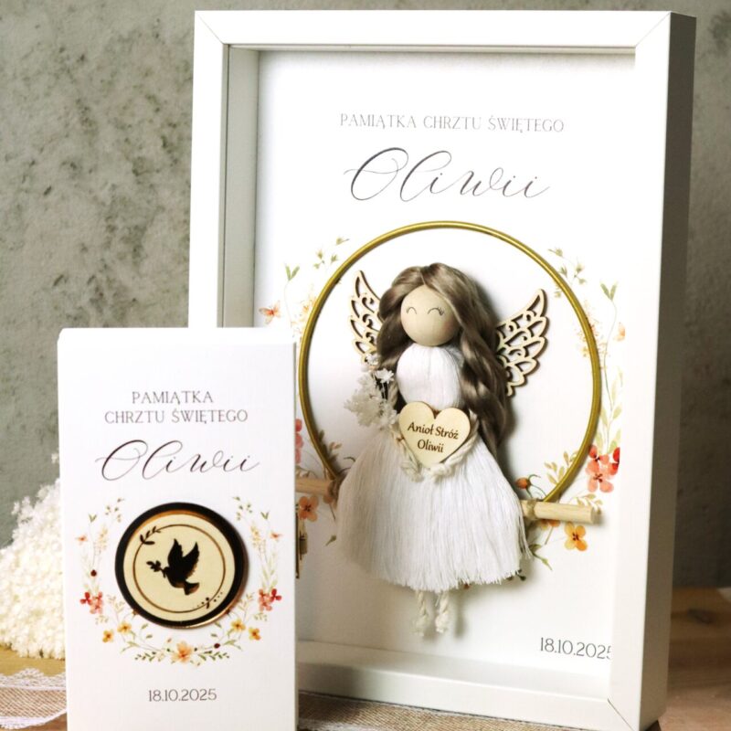 Zestaw na Chrzest lub Komunię z ramką z aniołkiem i pudełkiem na banknoty Dziewczynka