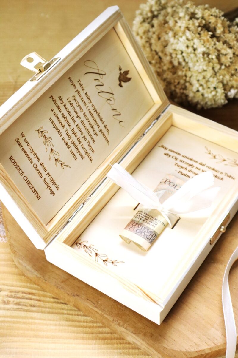 Białe pudełko na banknoty na Chrzest Święty Zielone gałązki