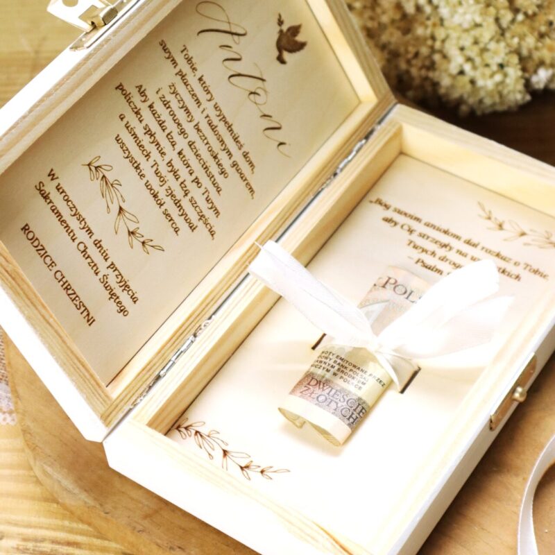 Białe pudełko na banknoty na Chrzest Święty Zielone gałązki