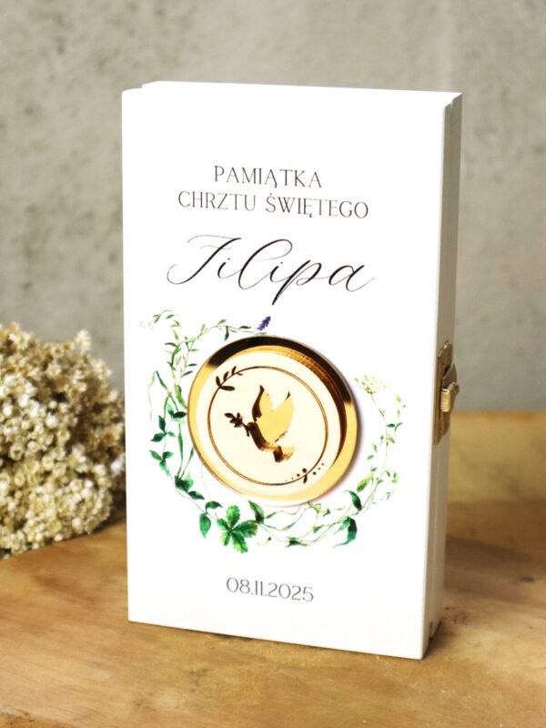 Białe pudełko na banknoty na Chrzest Święty Zielone gałązki