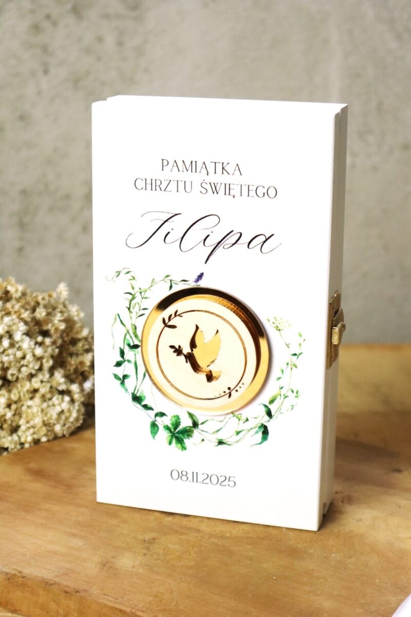 Białe pudełko na banknoty na Chrzest Święty Zielone gałązki