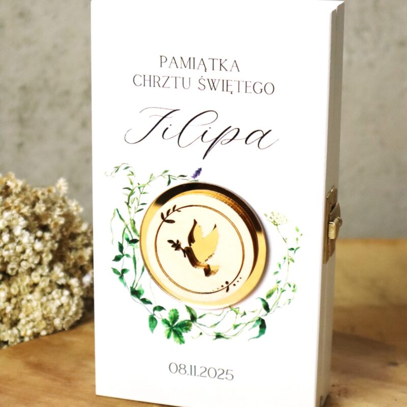 Białe pudełko na banknoty na Chrzest Święty Zielone gałązki