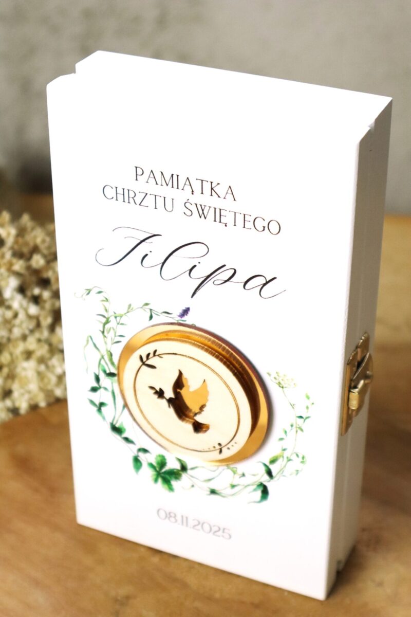 Białe pudełko na banknoty na Chrzest Święty Zielone gałązki