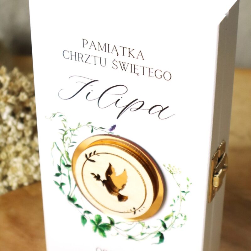 Białe pudełko na banknoty na Chrzest Święty Zielone gałązki