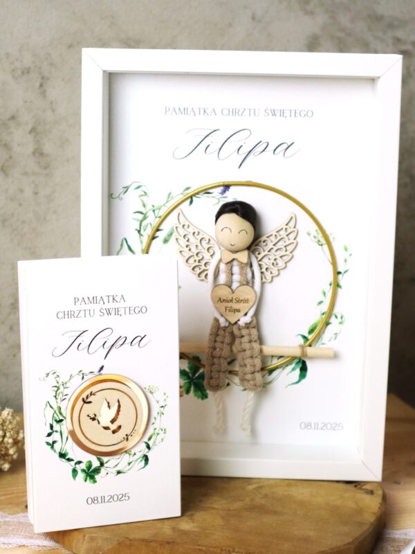 Zestaw na Chrzest lub Komunię z ramką z aniołkiem i pudełkiem na banknoty Chłopiec