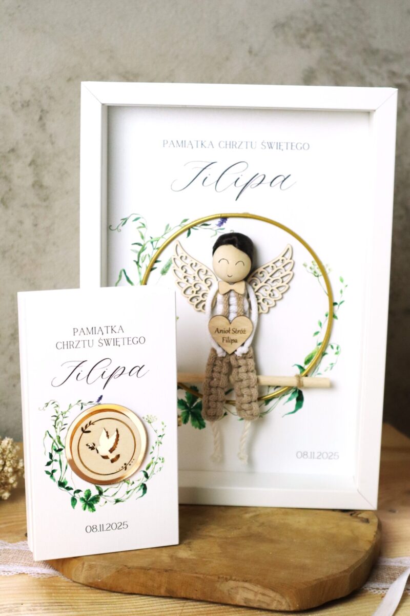 Zestaw na Chrzest lub Komunię z ramką z aniołkiem i pudełkiem na banknoty Chłopiec
