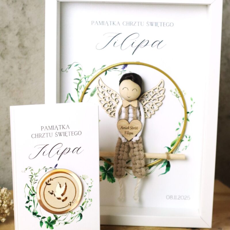 Zestaw na Chrzest lub Komunię z ramką z aniołkiem i pudełkiem na banknoty Chłopiec