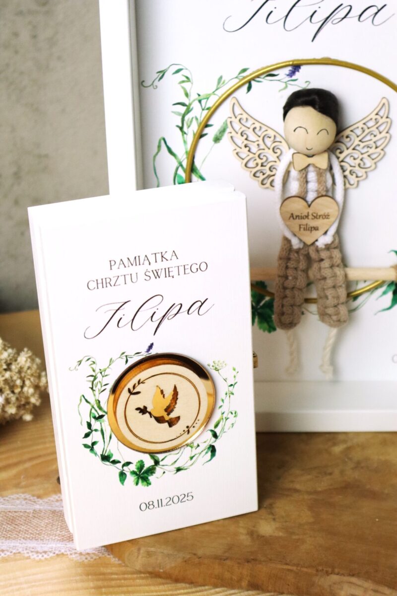 Zestaw na Chrzest lub Komunię z ramką z aniołkiem i pudełkiem na banknoty Chłopiec