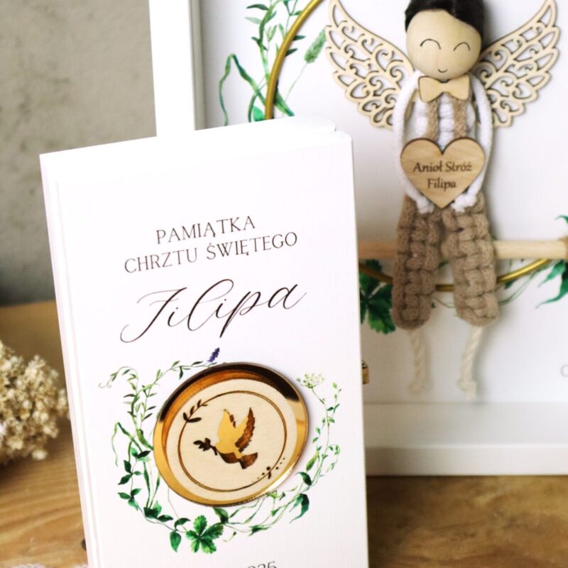 Zestaw na Chrzest lub Komunię z ramką z aniołkiem i pudełkiem na banknoty Chłopiec