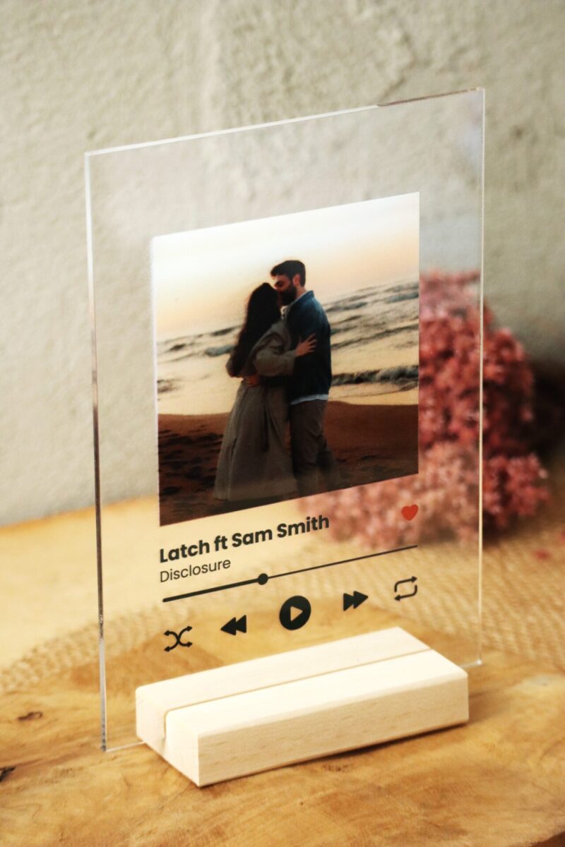 Ramka plexi ze zdjęciem i tytułem piosenki Spotify