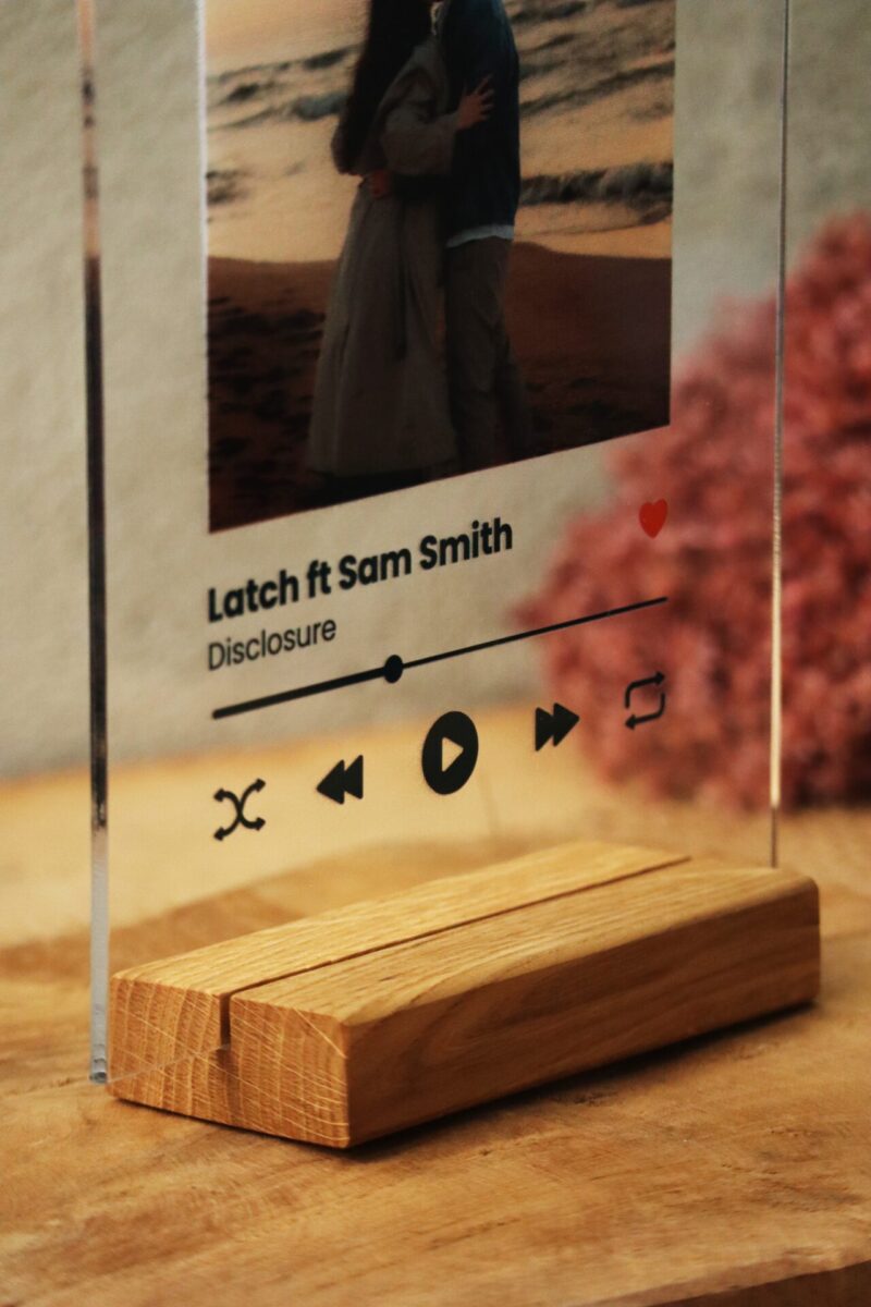 Ramka plexi ze zdjęciem i tytułem piosenki Spotify