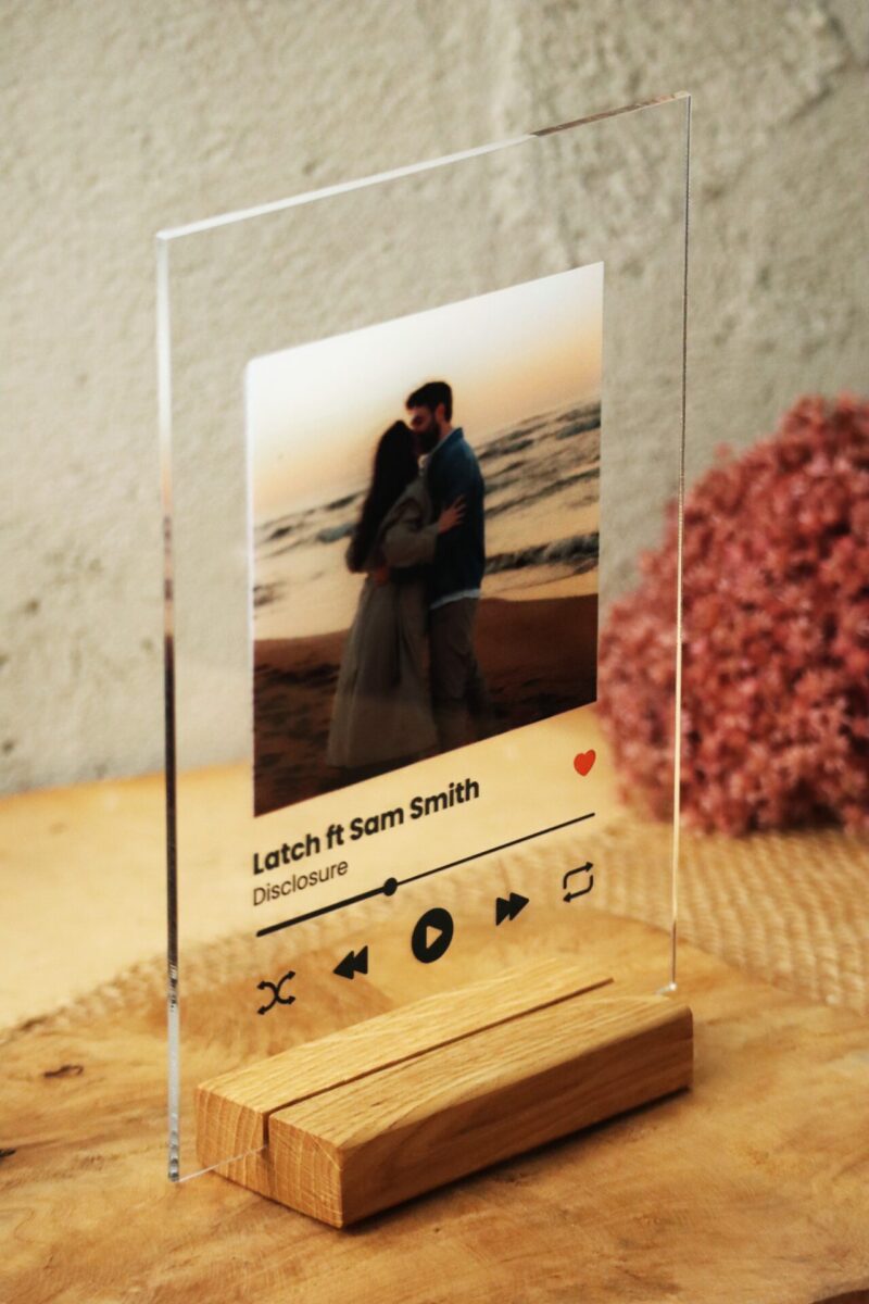 Ramka plexi ze zdjęciem i tytułem piosenki Spotify