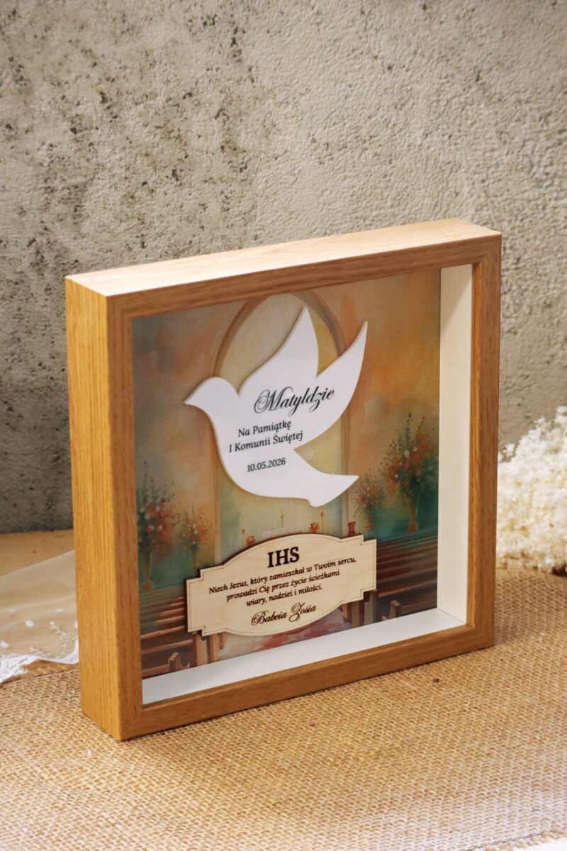 Pamiątka I Komunii Świętej Ramka 3D Biały gołąbek