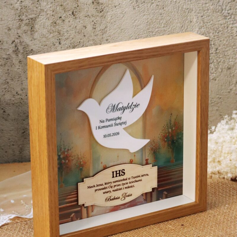 Pamiątka I Komunii Świętej Ramka 3D Biały gołąbek