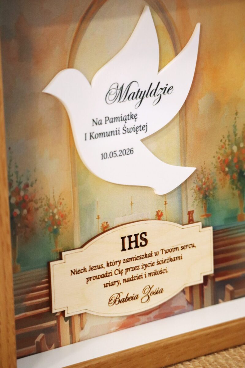 Pamiątka I Komunii Świętej Ramka 3D Biały gołąbek