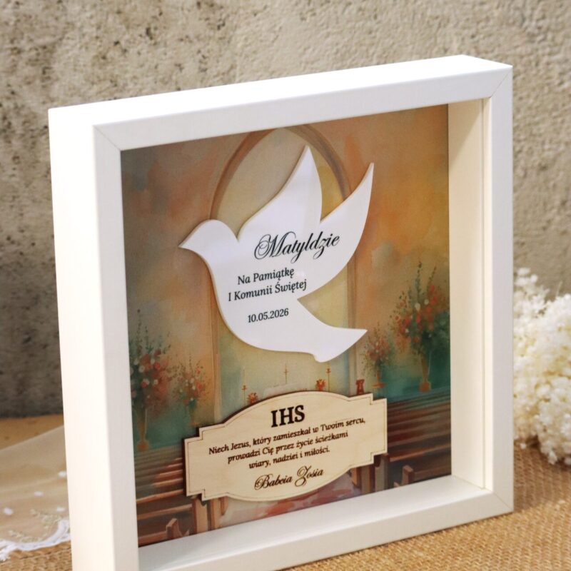 Pamiątka I Komunii Świętej Ramka 3D Biały gołąbek