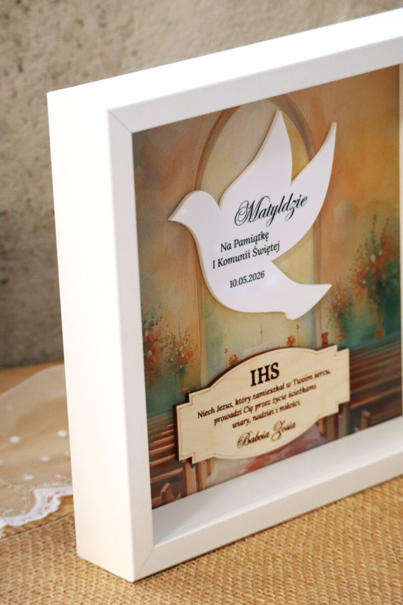 Pamiątka I Komunii Świętej Ramka 3D Biały gołąbek