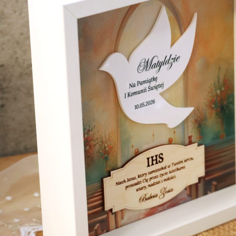 Pamiątka I Komunii Świętej Ramka 3D Biały gołąbek