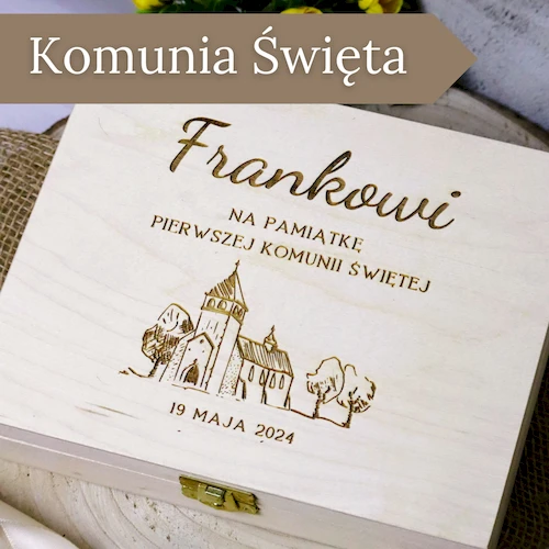 Personalizowane drewniane pudełko pamiątkowe na Komunię Świętą